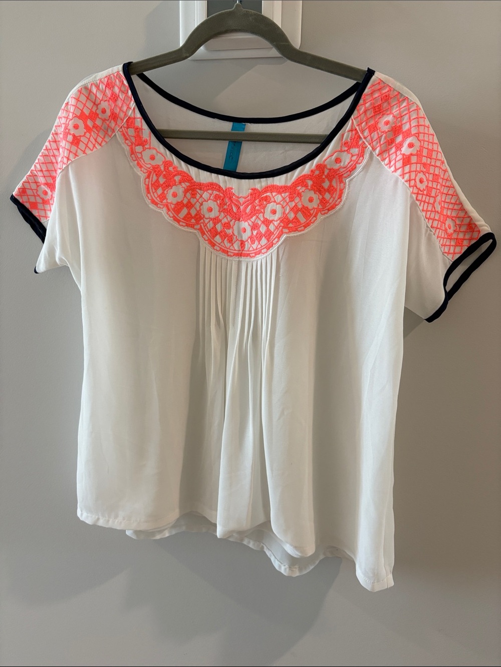 White Top with Neon Coral Embroidered Yoke